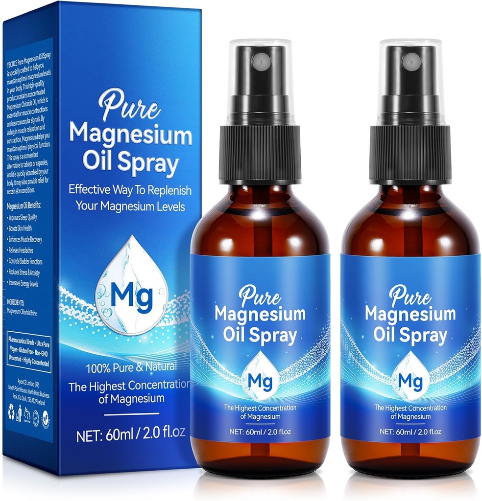 Magneesiumõli pihusti, puhas magneesiumiõli jalgadele, 100% looduslik ja orgaaniline magneesiumipritsi klaaspudel, lihtne absorbeerida ja kasutada, paikne magneesiumiõli (4 Fl Oz, pakend 2)