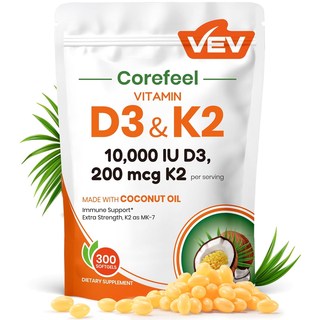 VEV Corefeel Vitamiin D3 K2 10 000 IU, 200 mcg MK-7, 300 kookosõli Softgels, 2 in 1 Vitamiinid Täiendus D & K (kaasa arvatud MK7), Lihtne neelata, toetab kaltsiumi imendumist, luude tervist