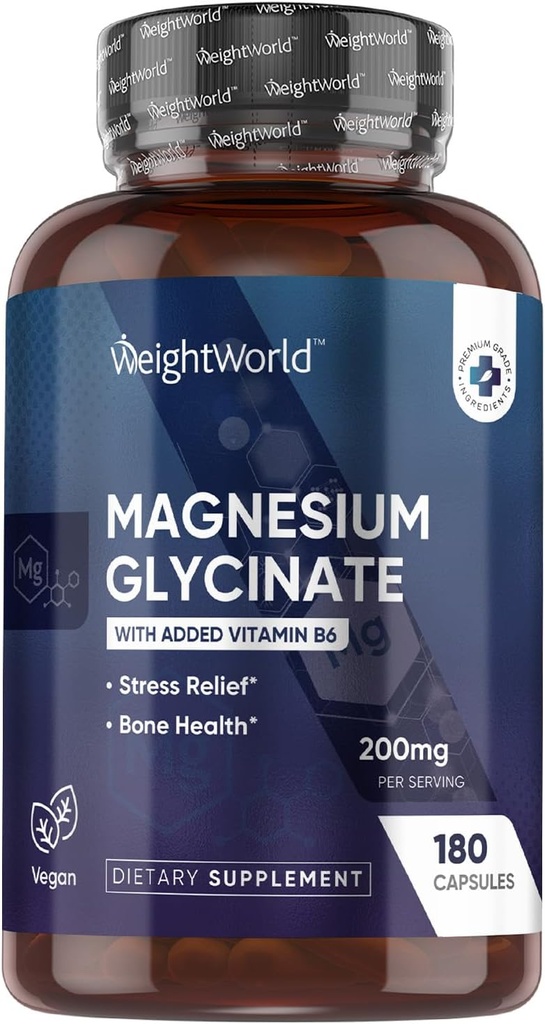 WeightWorld Magneesium Glütsinaat Kapslid 200mg - 180 kapslit (3 kuud) vitamiin B6 - biosaadav Magneesium Glütsinaat Toidulisandid - Kolmanda osapoole testitud, vegan, mitte-GMO ja allergeenivaba