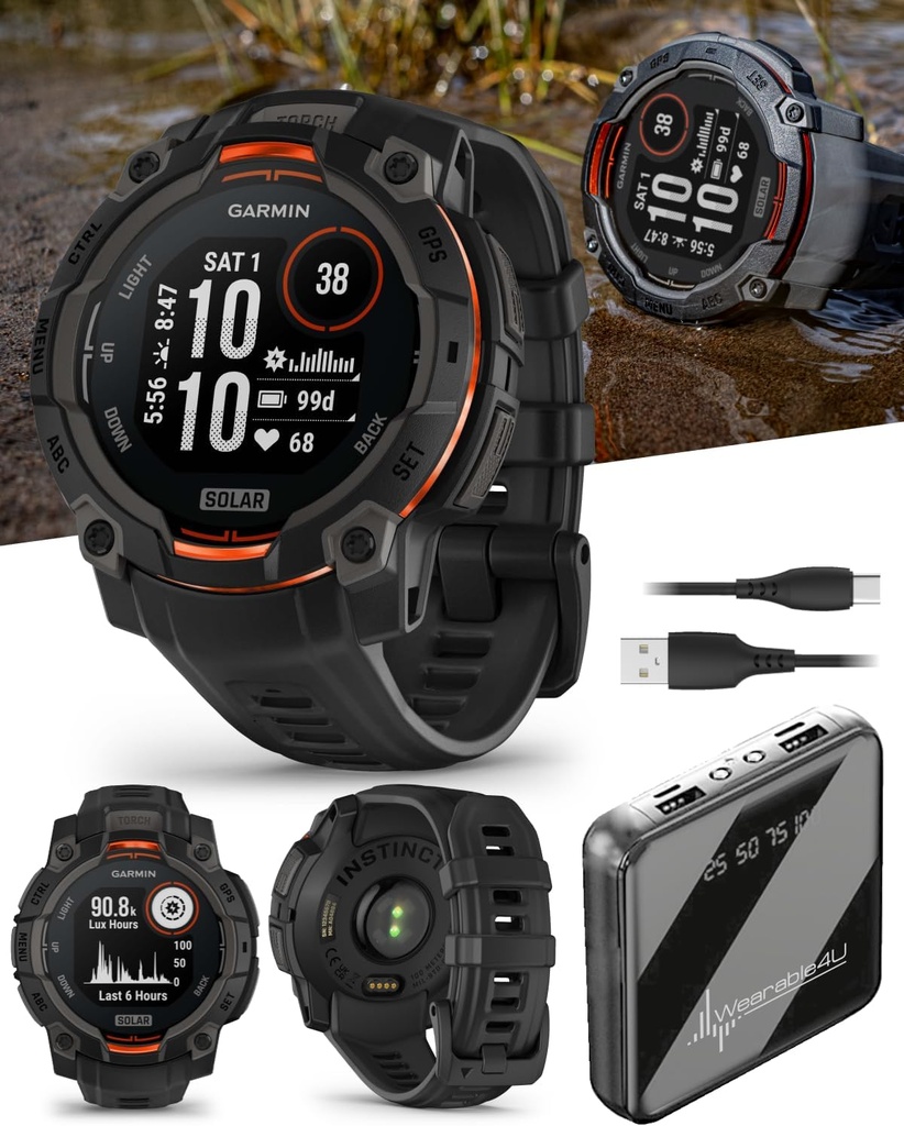 Kantav 4U Garmin Instinct 3 Solar 45 mm, karm Outdoor GPS Smartwatch, Metal-Reinforced Bezel, sisseehitatud taskulamp, kuni 28 päeva aku elu, Black Black Band Bund