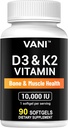 VANI Vitamiinid D3 (10000iu/250mcg) + K2 (nagu Mk7), Luude ja Lihaste ja Hammaste Tervis, 90 TAFTGELS