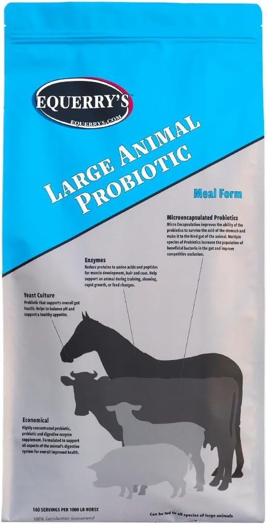 Equerry's Large Animal Probiootikum | Toidulisandid soolestiku tervisele ja toitainete imendumisele | Probiootikumid ja seedetrakti ensüümid hobustele, lehmadele, kitsedele, lammastele, sigadele, 160 söödale (20 naela) 1000 naela loomale