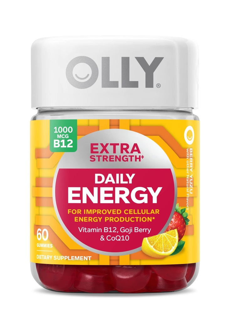 OLLY Extra Tugevus Daily Energy Gummy, Kofeiinivaba, 1000mcg Vitamiin B12, CoQ10, Goji Berry, Täiskasvanute närimistable Supplement, Berry Yuzu Flavor - 60 Count