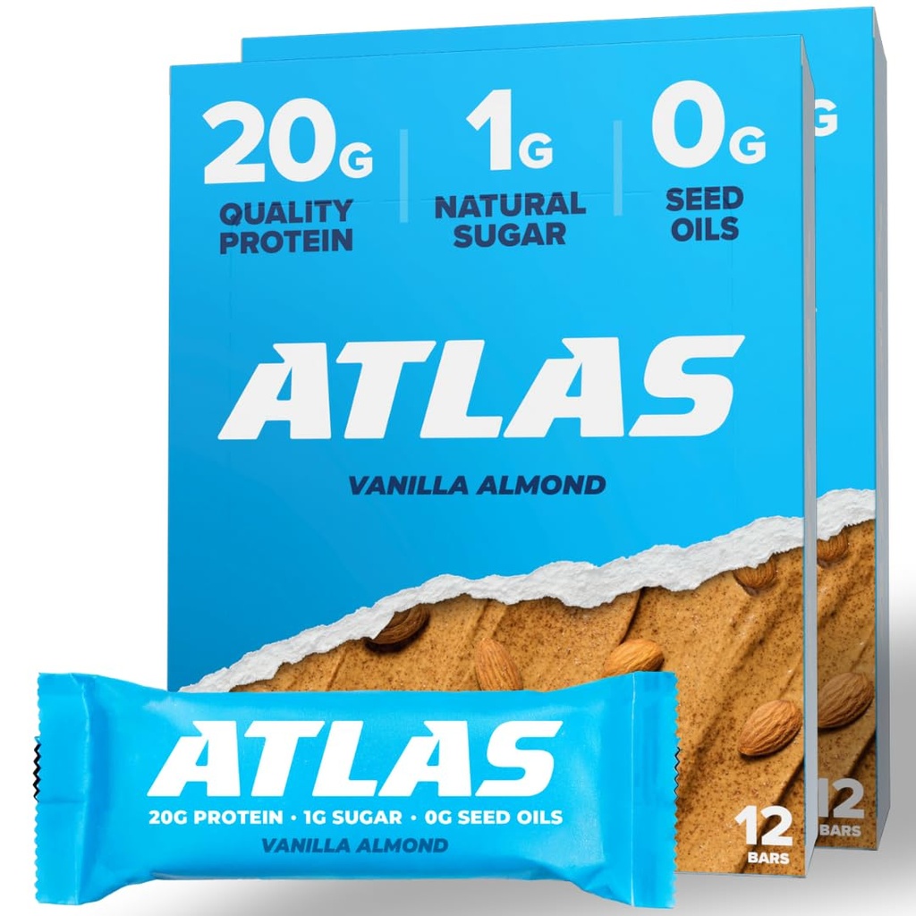 Atlas Protein Bar - 20 g puhast valku, 1 g looduslikku suhkrut, ei seemneõli, gluteenivaba, ei kunstlikke magusaineid - Vanilla mandl 24 krahv