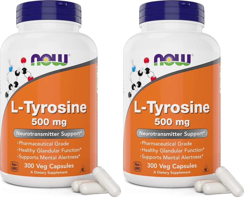 NOW Foods L-Tyrosine 500mg, 300 Capsules - Non GMO - Supports Mental Alertness - 500 mg Caps - Free Form Supplement (Pack of 2)
