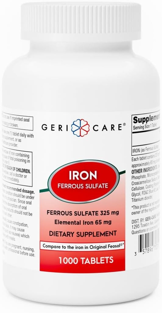 GeriCare Ferrous Sulfate tabletid 325mg, Elemental Raud 65 mg Suure tugevusega Raualisand | Toidulisandi 1000 Count. (Pakett 1)