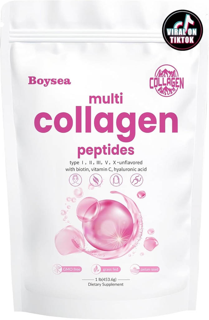 Boysea. Multi-Kollageeni Peptiidide Pulber - Hüdrolüüsitud Valk Peptiid Tüüp I, II, III, V, X Biotiin & C-vitamiin, toetab nahka, juukseid, küüne ja liigest, maitsestamata, mitte-GMO, Gluteenivaba, Easy Mix 1LB
