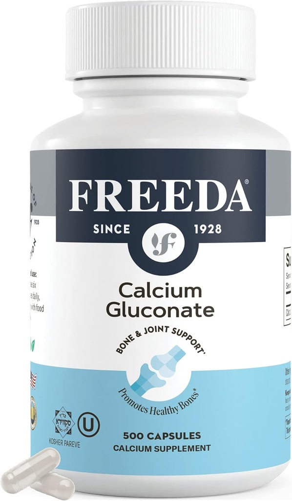Freeda Kaltsium Glükonaat - Kosher Vegan Kaltsium Lisand - Kergesti Seeditav & Imendumine - Toetab Luu Tugevust - Puhas Kaltsium Ilma D-vitamiini - (500 kapslit)