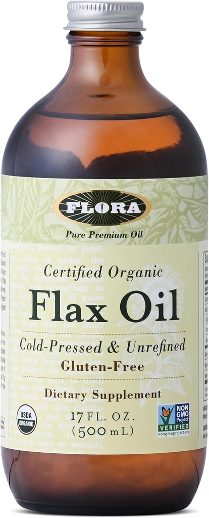 Flora - Linaõli - Külmpressitud, rafineerimata, orgaaniline linaseemneõli - Sisaldab Omega-3 & Omega-6 - Mitte-GMO & Gluteenivaba - Hoia Jahutatud - 17 fl. oz. Merevaigukollane klaaspudel