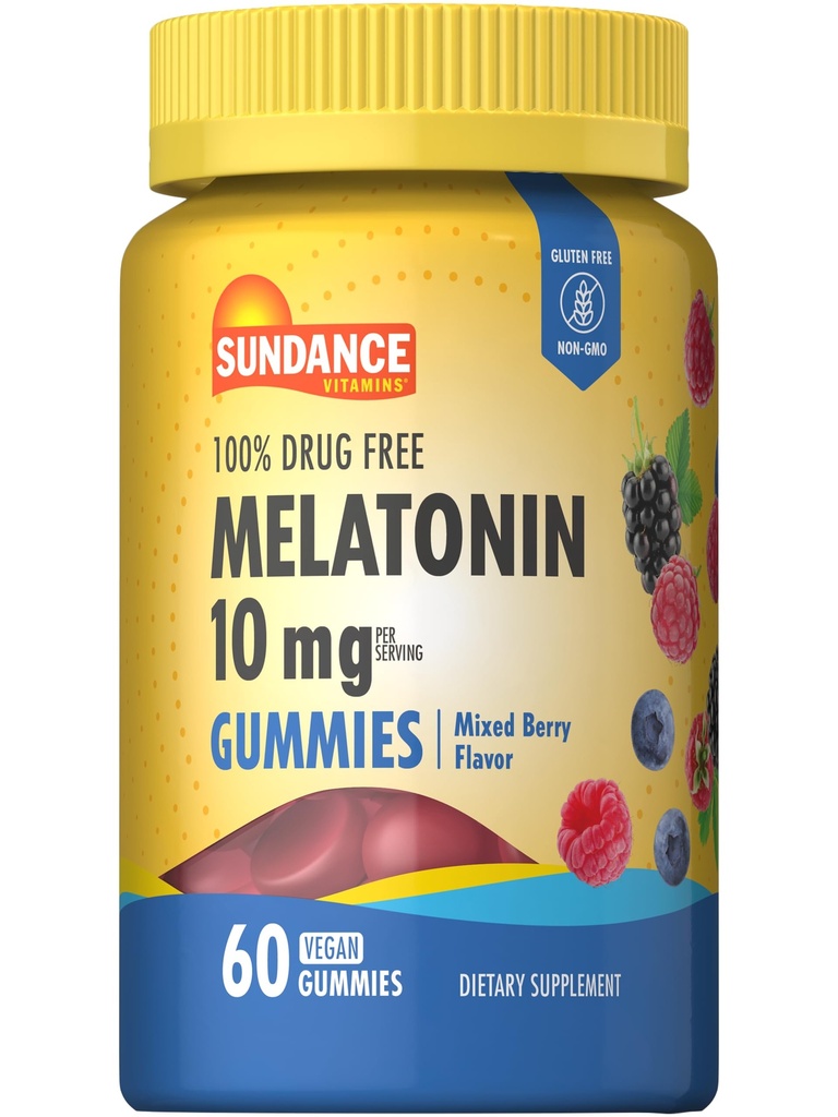 Sundance Melatoniin 10mg Gummies täiskasvanutele | 60 Count | Mixed Berry Flavor | Vegan, Non-GMO ja Gluteeni tasuta täiendada