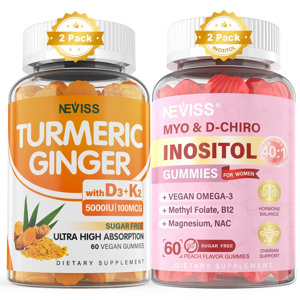 Suhkruvaba 2Pack Turmeric Ingver Gummies & 2Pack Myo-Inositool & D-Chiro Inositool Gummies