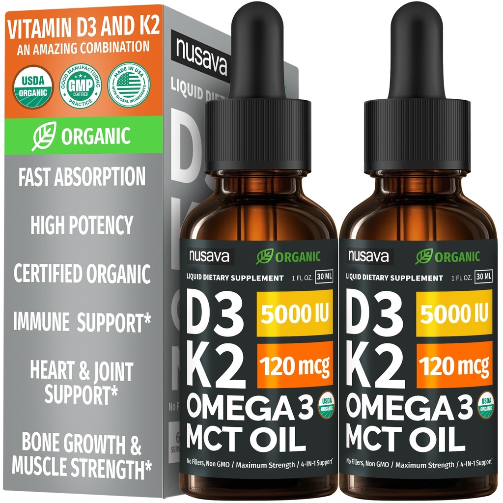 (2 Pack) Orgaaniline Vitamiin D3 K2 tilgad MCT õli Omega 3, 5000 IU - Vedel D3, Ei Täiteaineid, Mitte-GMO, Immune Support (maitsestamata, 2 Fl Oz)