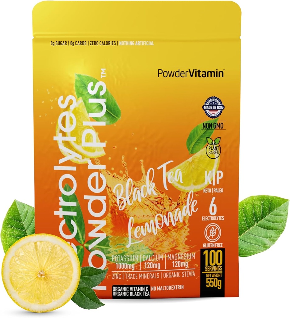 PowderVitamin Electrolytes Powder Plus (100 Servings) Black Tea Lemonade Elektrolüüt Pulber Nullkalor Keto,0 Suhkur, No Maltodekstriin,1000mg Kaalium,120mg Kaltsium,120mg Magneesium, Hüdratsioonipulber