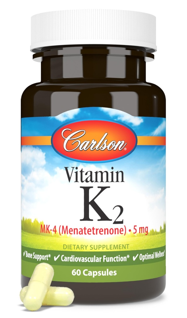 Carlson - K2-vitamiin, MK-4 (menatetrenoon), K-vitamiini lisand, luu ja südame tervis, K2-vitamiin, sojavaba, 60 kapslit