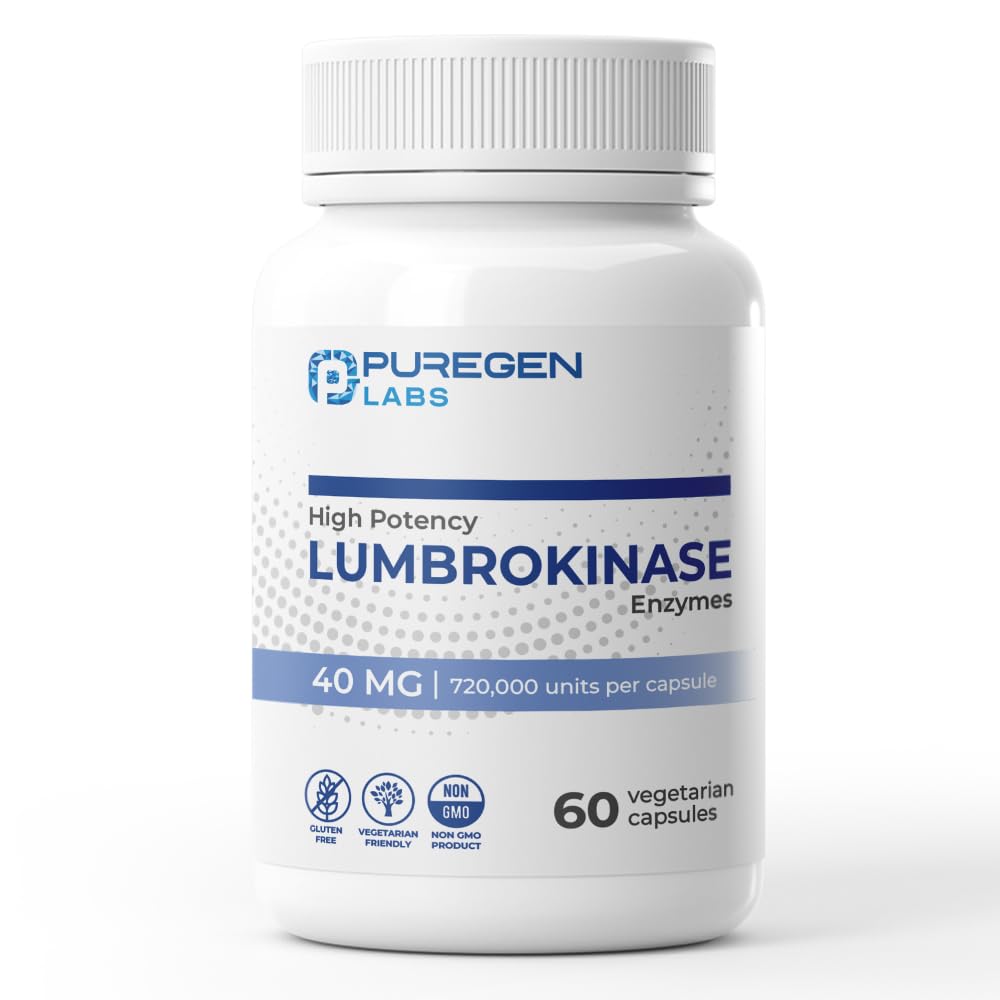 Puregen Labs Lumbrokinase 40 mg kapsli kohta Suure tugevusega lisand | Kõrge aktiivsusega lumbrokinaasi ensüümid | Kahjulike lisandite puudumine | Mitte- GMO | Gluteenivaba | Valmistatud USA-s - 60 taimekapslit