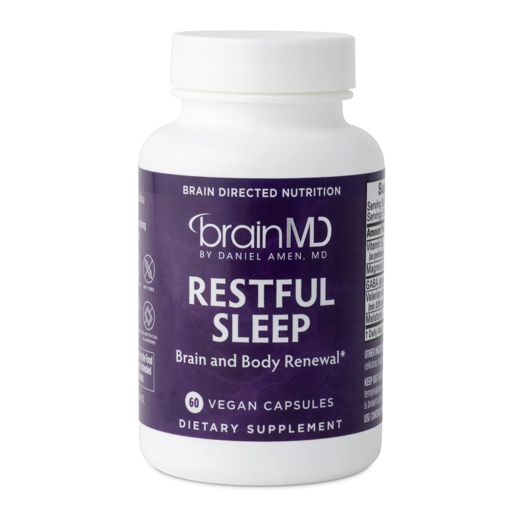 Dr Amen brainMD Restful Sleep - 60 kapslit - soodustab lõdvestumist ja rahulikkust, sisaldab melatoniini, valerianit, GABA & magneesiumi, mitte-harrastuste moodustamist - gluteenivaba - 15 serveerimist