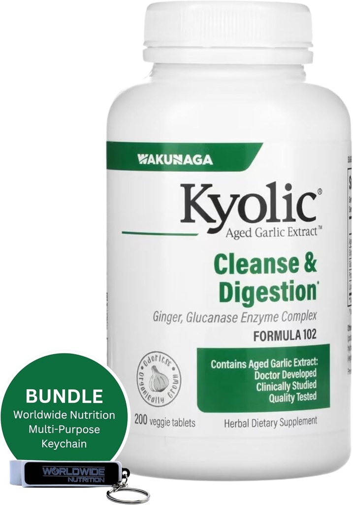 Worldwide Nutrition Bundle: Kyolic Aged Küüslauguekstrakt 200 Veggie tabletid Vormel 102 Puhastus ja seedimine - rikastatud küüslaugu ingveri täiendusega - 200 loendit mitmeotstarbelise võtmeahelaga