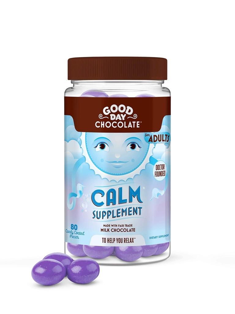 Hea päev Šokolaadi looduslik rahustav lisand täiskasvanutele, Camomile, Theanine, Magneesium, Fair Trade ja GMO-vaba šokolaad, 80 tükki