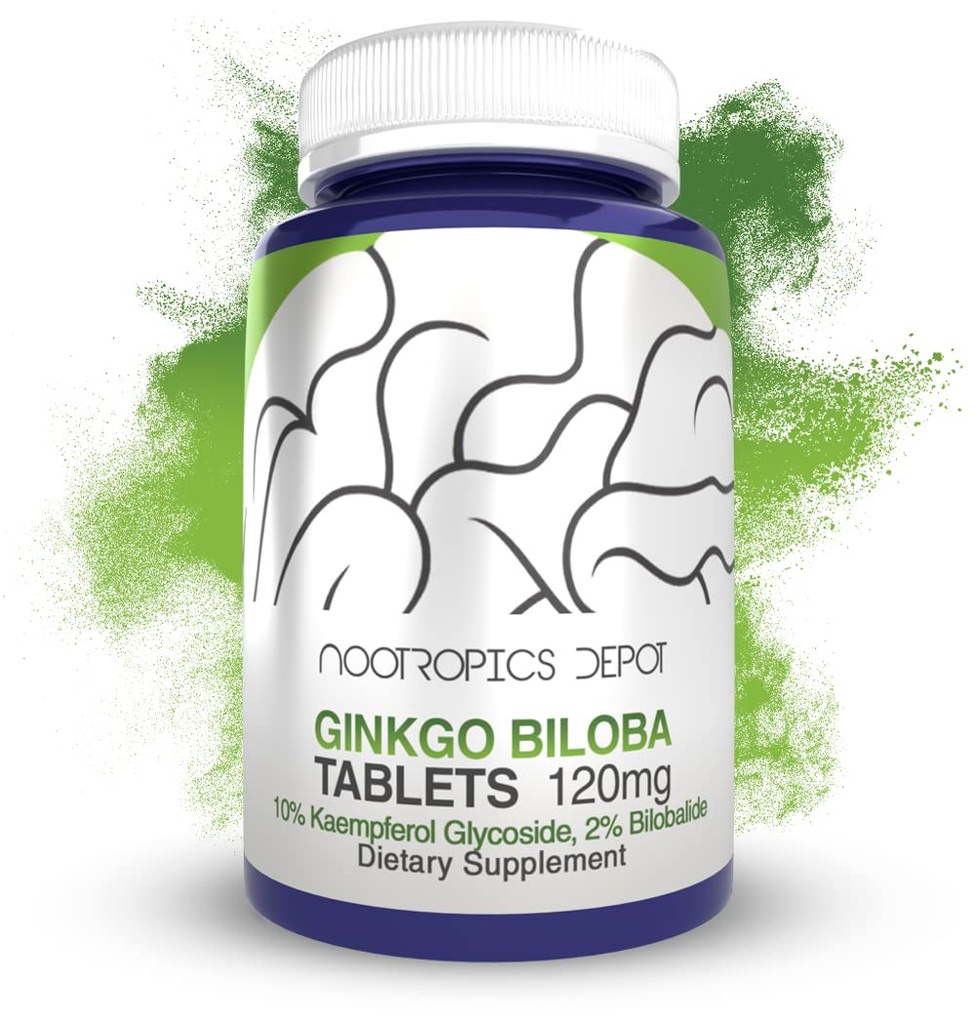 Nootropics Depot Ginkgo Biloba Extract Tablets | 120mg | 90 Count | Vähemalt 10% Kaempferool Glükosiidi + 2% Bilobalide | Võib aidata edendada kognitiivseid ja kardiovaskulaarseid funktsioone