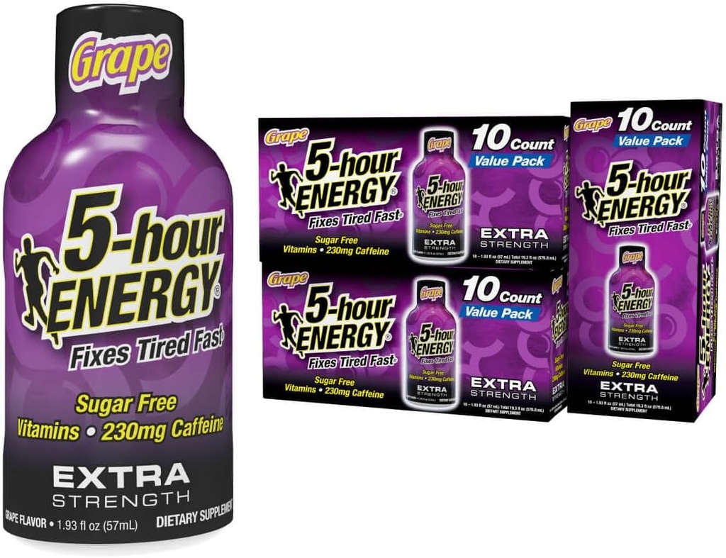5-tunnine Energy Extra Tugevus Energia Shot, Viinamarjamaitse, 30 Count, 1,93 oz., Zero Calories & Sugar-free 230 mg Kofeiinivaba energia Shot, Aminohapped & B-vitamiinid, toidulisandid