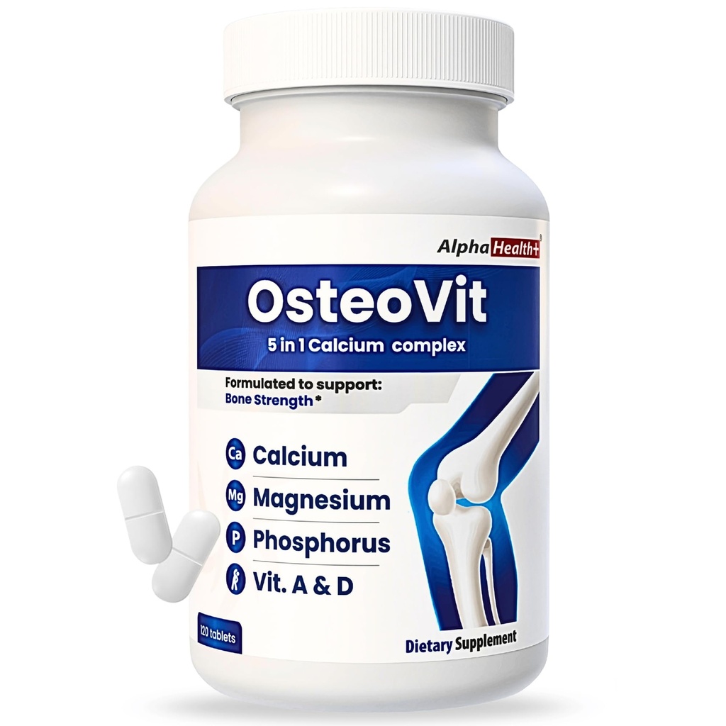 OsteoVit 5-in-1 Calcium 120 tabs Multivitamiin: Kaltsium, magneesium, fosfor, D3-vitamiin & A - luu tugevus ja paindlikkus *, GMO-vaba | Kaltsiumilisand D-vitamiiniga naistele ja meestele