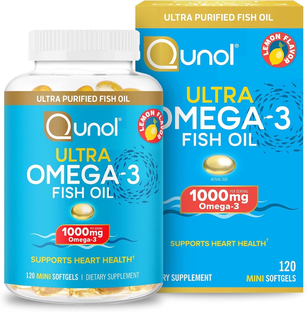 Qunol Omega 3 kalaõli Mini Softgels, 1000mg Ultra Pure Fish Oil, Heart Health Support, Omega 3 DHA toidulisandeid, Sidrun Maitse, 2 kuu pakkumine, 120 Count