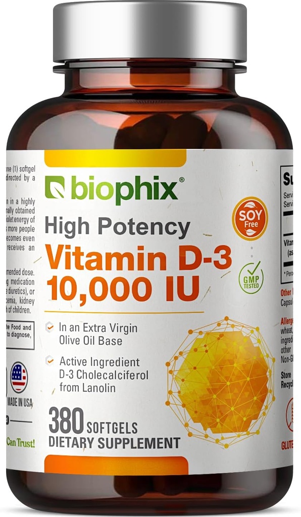 Biophix Vitamiin D-310000 IU 380 Softgels - kõrge potentsi ekstra neitsioliiviõli Mitte-GMO Soja-Free toetab tugev luud Immuuntervise