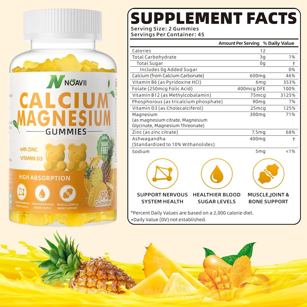 Kaltsium Magneesium Tsink Gummies vitamiin D3, ashwagandha täiendus - kõrge potentsi tõhustatud imendumine - ananassi maitse-90 krahv