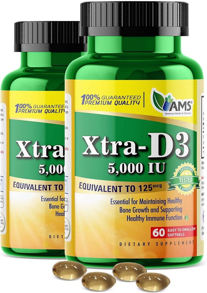 Ameerika Medic & Science Xtra D3 Vitamiin D 5000 RÜ (125 mcg)Kolekaltsiferooli täiendus meestele ja naistele (120Easy neelata softgels) 2pack|Parim luu, südame tervis, immuunsüsteem tugi, kopsufunktsioon