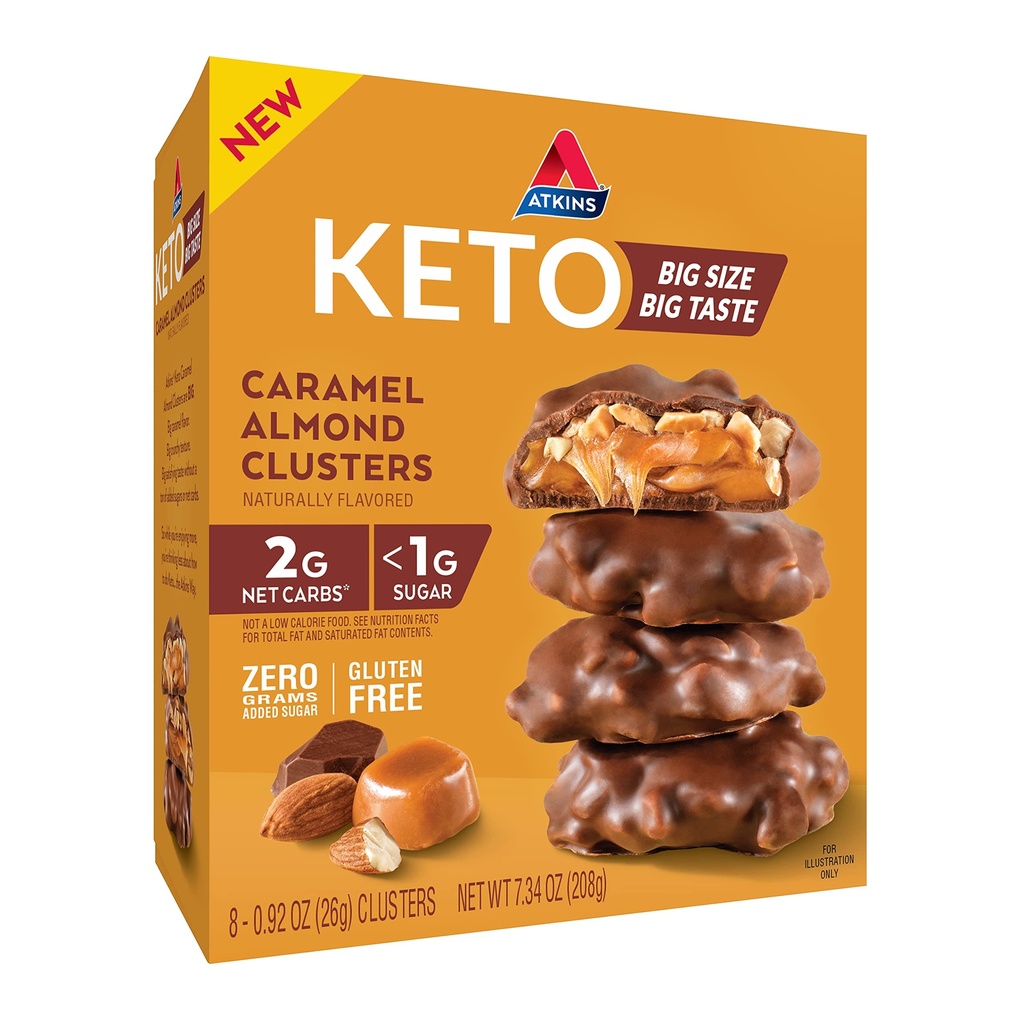 Atkins Caramel Mandli klastrid, Gluteenivaba, kõrge kiudaine, 1g suhkur, 2g Net Carb, Keto Sõbralik, 8 krahv
