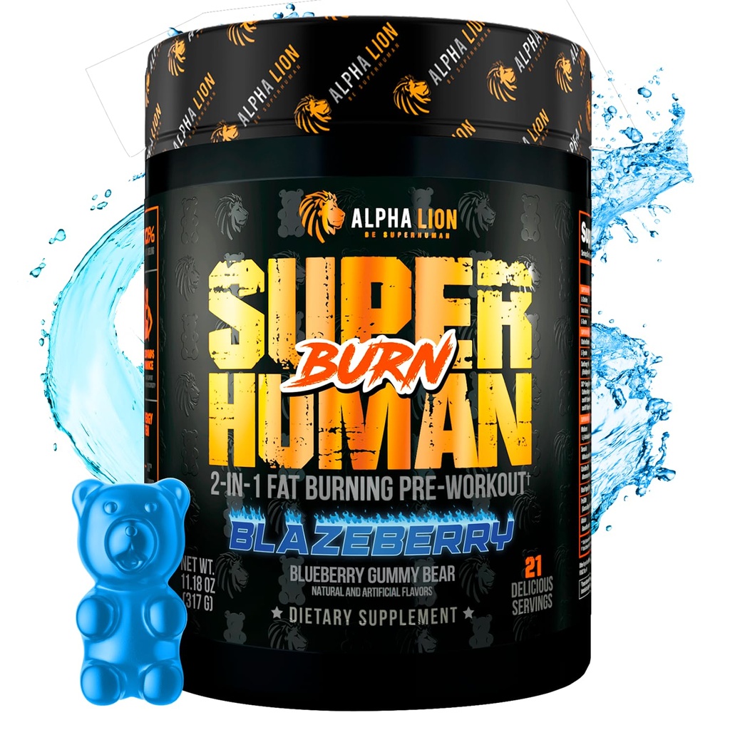 ALPHA LION Superhuman Burn - 2 in 1 Metabolism Booster Pre Workout ja termogeenne rasvapõletaja meestele - isu vähendav ja kaalulangus täiendada (21 Servings, Blue Gummy Bear Maitse)