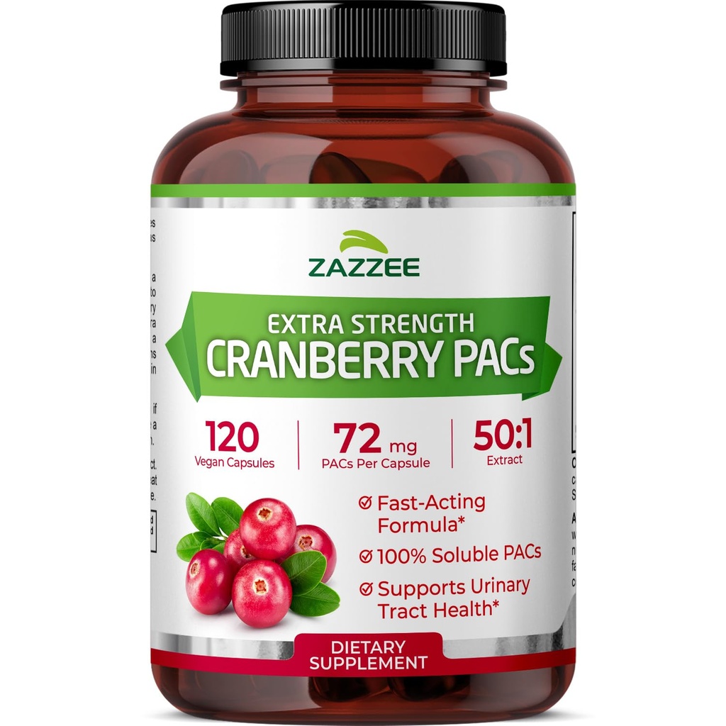Zazzee Cranberry PACs , 72 mg PAC- d kapsli kohta , 2X tugevus , 100% lahustuv , 120 Vegankapslit , 50 : 1 ekstrakt , 18 200 mg tugevus , kiire toimega , efektiivne kuseteede tugi , valmistatud USA-s