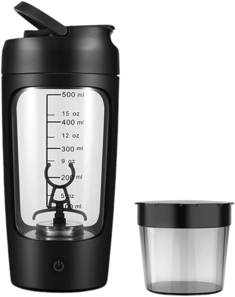 Elektriline kaasaskantav valgu loksuti pudel sileda segu jaoks | w / vaba valgupulber CUP | Tritanist valmistatud Premium pudel – BPA vaba | 650 ml | laetav | GYM & Sport Entusiastile. (Must)