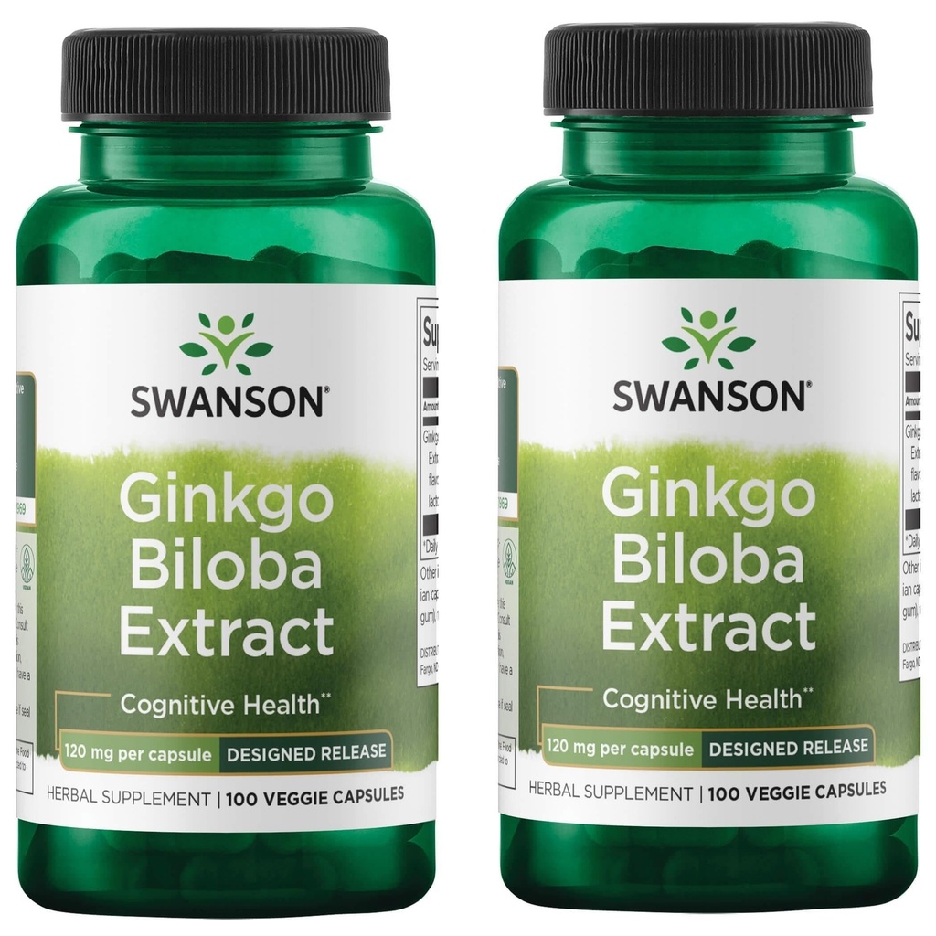 Swanson Ginkgo Biloba ekstrakt Standardiseeritud viivitusega vabastav mälu aju kognitiivne funktsioon Terviselisa 120 mg (24% flavooni glükosiidi, 6% terpeeni laktoonid) 100 Veggie Drcaps (2 Pack)
