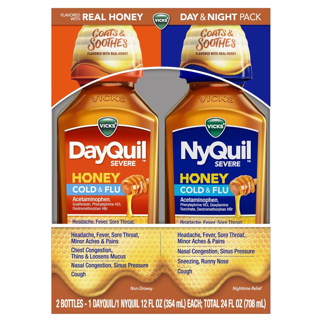 VICKS DayQuil & NyQuil SEVERE Honey Flavor Co-Pack, Cold & Gripimeditsiin, leevendab peavalu, palavikku, valulikku kurku, väiksemaid valusid ja nina ummistusi, siinusrõhk, kleepuv nina ja köha, 2x12oz