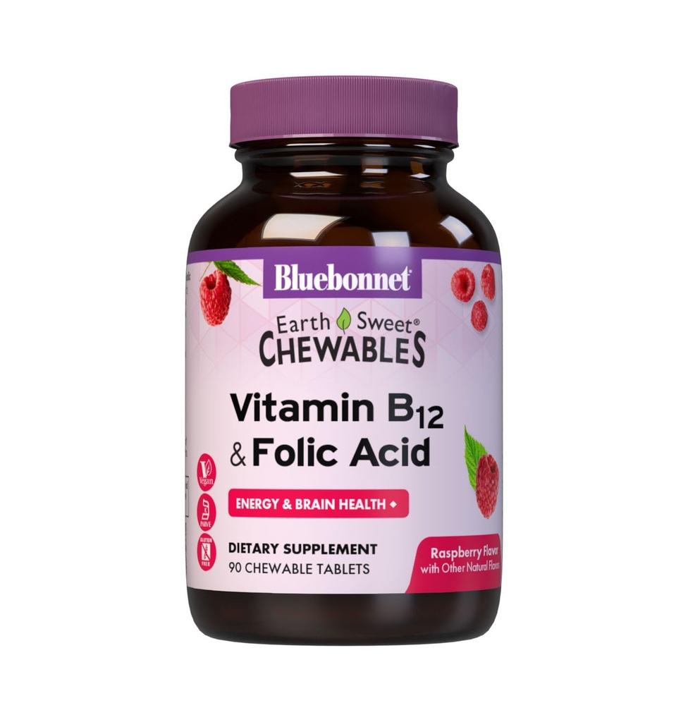 BlueBonnet Nutrition Earth Sweet Vitamiin B12 & Foolhappe närimistabletid, Sojavaba, Gluteenivaba, Vaarika 90 Count (Pack of 1)