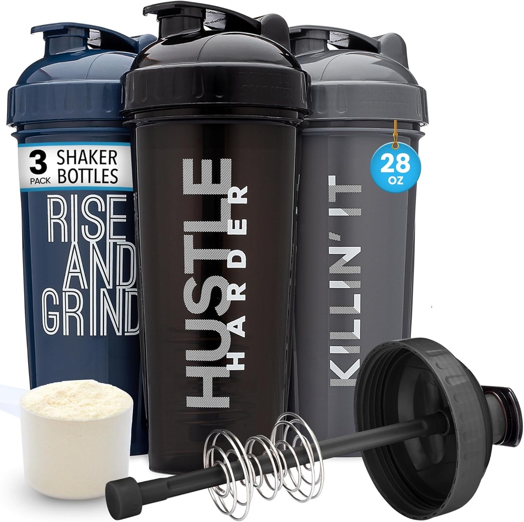 GOMOYO [3-Pack] 28-Ounce Shaker Bottle with Action-Rod Mixer | Protein Shaker Bottle with Motivational tsitaadid | Shakes for Protein Shakes on BPA vaba ja nõudepesumasin ohutu | Silver, Blue & Black