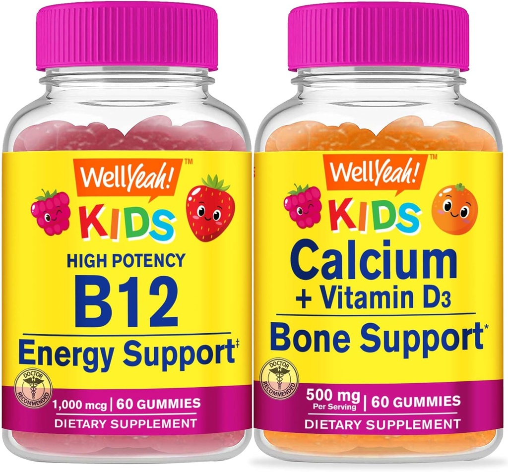 Well Yeah Vitamiin B12 Lapsed + Kaltsium + Vitamiin D3 Lapsed, Gummies Bundle - suurepärane maitse, vitamiinilisand, Gluteenivaba, GMO-vaba, närimiskumm