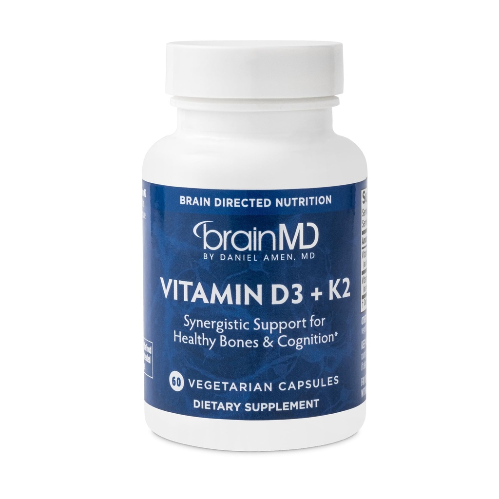 BRAINMD D3-vitamiin + K2-60 kapslid - sünergistlik tugi tervetele luudele ja tunnetusele - Gluteenivaba - 60 serveerimist