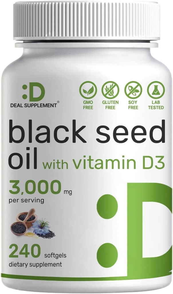 Musta seemne õli, 240 softgels - külmpressitud Nigella Sativa, looduslikult esinev tümokinoon (TQ) - mitte-GMO, ei gluteeni - Black Cumin Seed Vedelad kapslid vitamiin D3