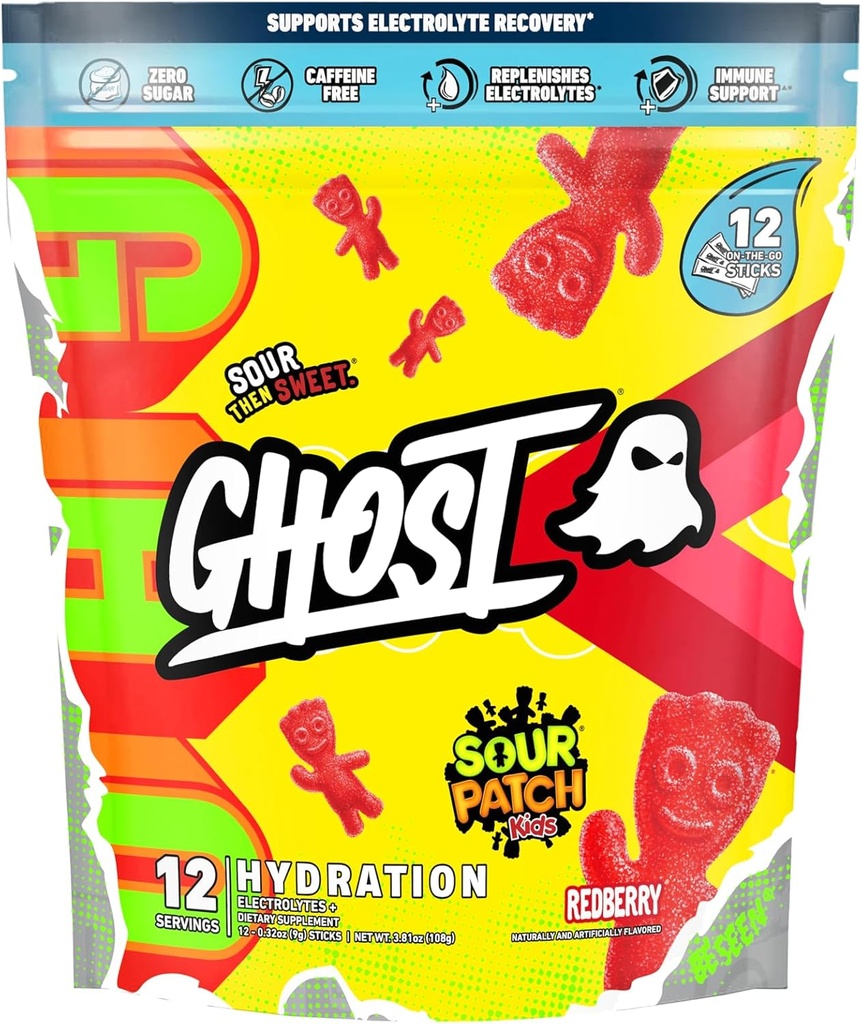 GHOST hüdratsioonipaketid, hapupastukid lapsed Redberry, 12 pulgad, elektrolüüt pulber - joogisegu lisandiga magneesium, kaalium, kaltsium, C-vitamiin - vegan, soja, suhkru ja gluteeni vaba