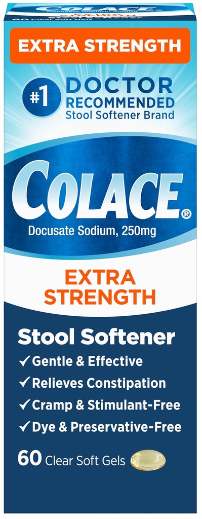 Colace Extra Strength Softener õrn tõhus kõhukinnisus Relief, # 1 Doctor Recommended Stool Softener Brand, 250 mg Docusate Capsules, 60 Count (Pack of 1)