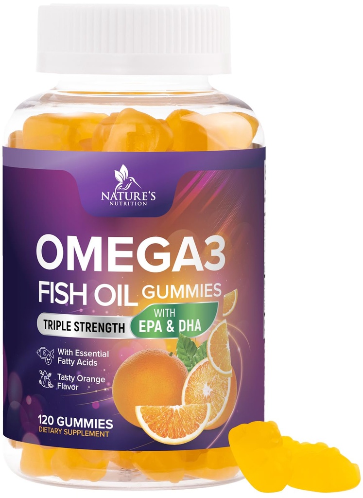 Omega 3 kalaõli kummid - 3X tugevusega südame tervise tugi - kõrge imendumine Omega 3 kalaõli kummi toidulisand DHA & EPA - ühine ja aju tugi täiskasvanutele - maitsev apelsini maitse - 120 Gummies