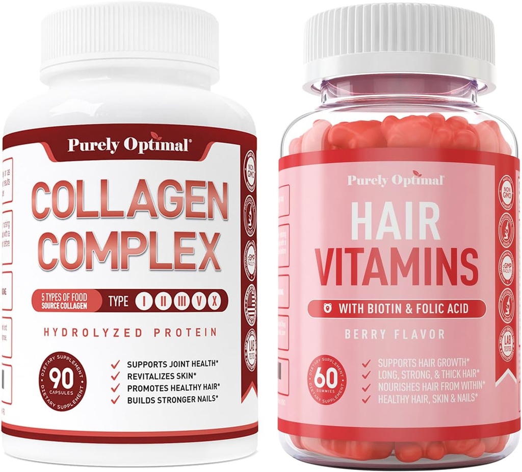 Puhtalt optimaalne Premium Multi kollageenpeptiidide kapslid (tüübid I, II, III, V, X) + Premium juuksed Vitamiinid täiendus-Gummy vitamiinid w / biotiin, foolhape, vitamiinid A & D