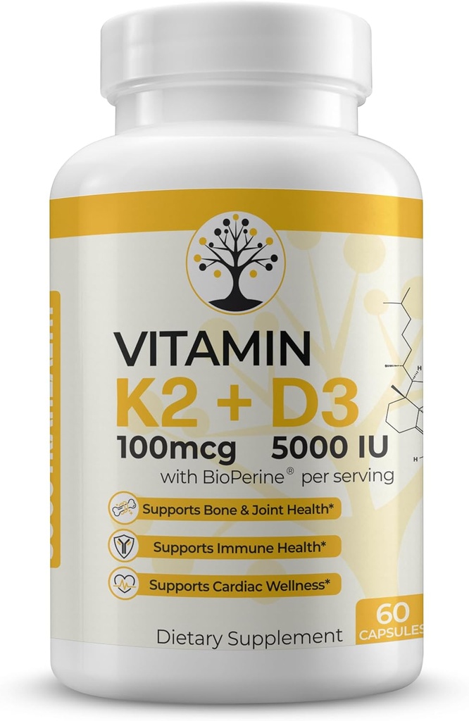 Vitamiin D3 K2 täiendus, 5000 RÜ - toetab immuunsüsteemi ja südame heaolu, kõrge potentsi, gluteenivaba, 60 kapslit