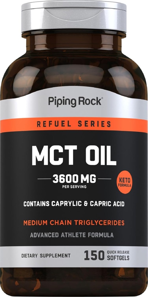 Piping Rock MCT õli Softgel kapslid | 3600mg | 150 pillid | Keto-kinnitatud | Mitte-GMO, Gluteenivaba täiendus