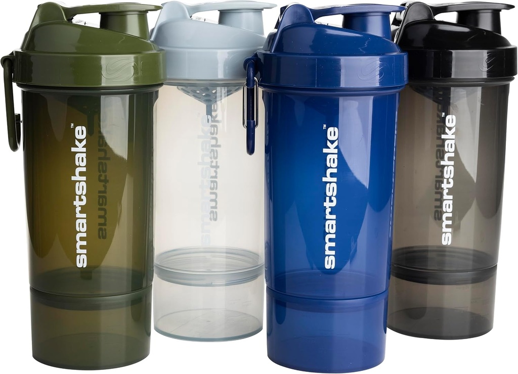 Smartshake O2GO ONE 4-Pack Protein Shaker Pudel 800 ml | 27 oz - Storage Includ - Leakproof Screw-on Lid - BPA Free - Unisex - Mist Gray, Army Green, Black, Navy Blue