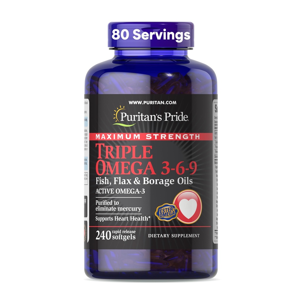 Puritan's Pride Premium Maksimaalne kolmekordne tugevus Aktiivne Omega 3-6-9 Kala, Lina ja Borage õlid, toidulisand südame, liigeste ja rakkude tervise toetamiseks, 240 kiire vabastamise softgels