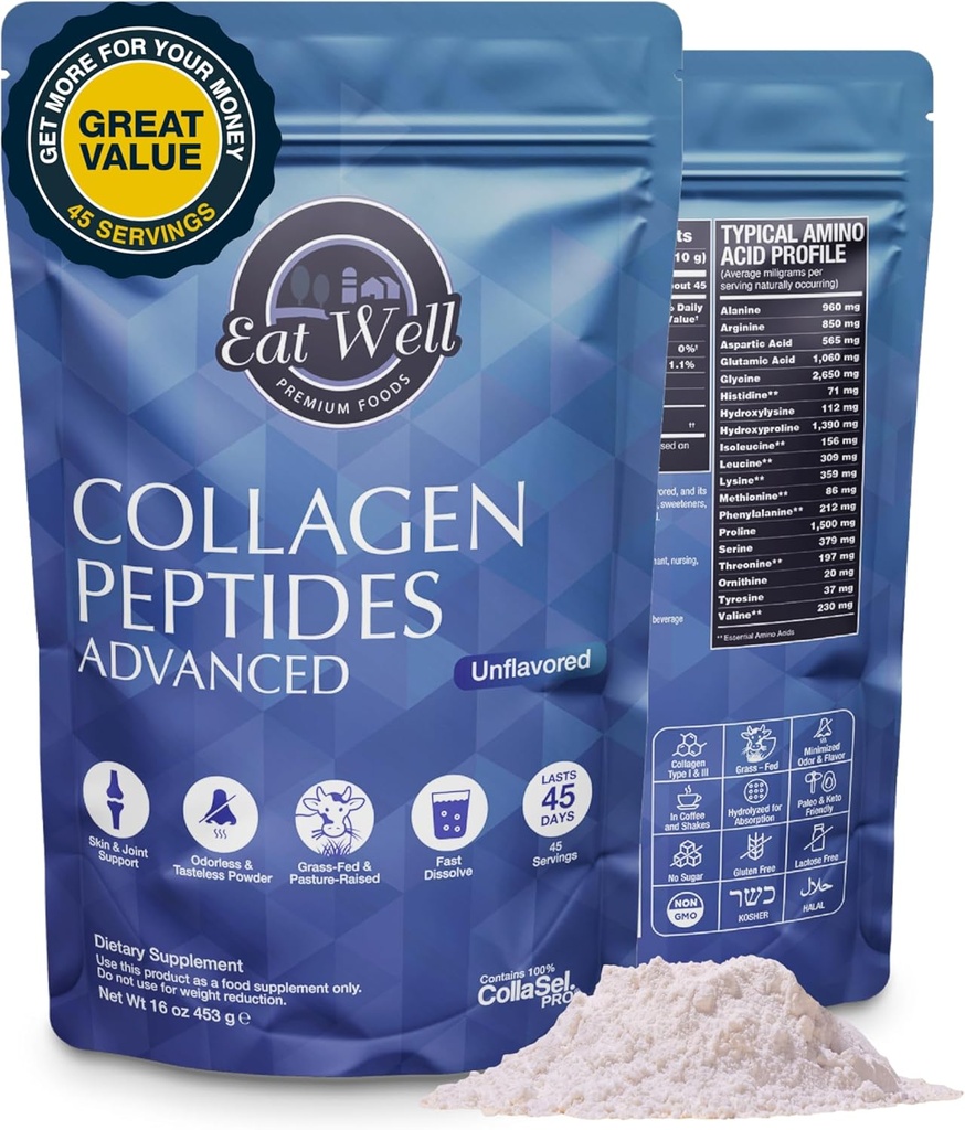 Kollageenpeptiidid Pulbervalk 45 Servings, 16oz, kollageen nahale, luudele ja liigestele, tüüp I & III Grass Fed kollageeni täiendused naistele ja meestele, Keto, Aminohapped