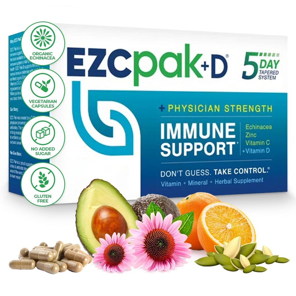 EZC Pak 5-päevane Immuunsüsteemi tugevdaja koos Echinacea, C-vitamiini, tsingi ja D-vitamiiniga - täiskasvanutele mõeldud nõrgestatud immuunsuse tugisammas - toetab immuunsust, lihtsat reisisuurust